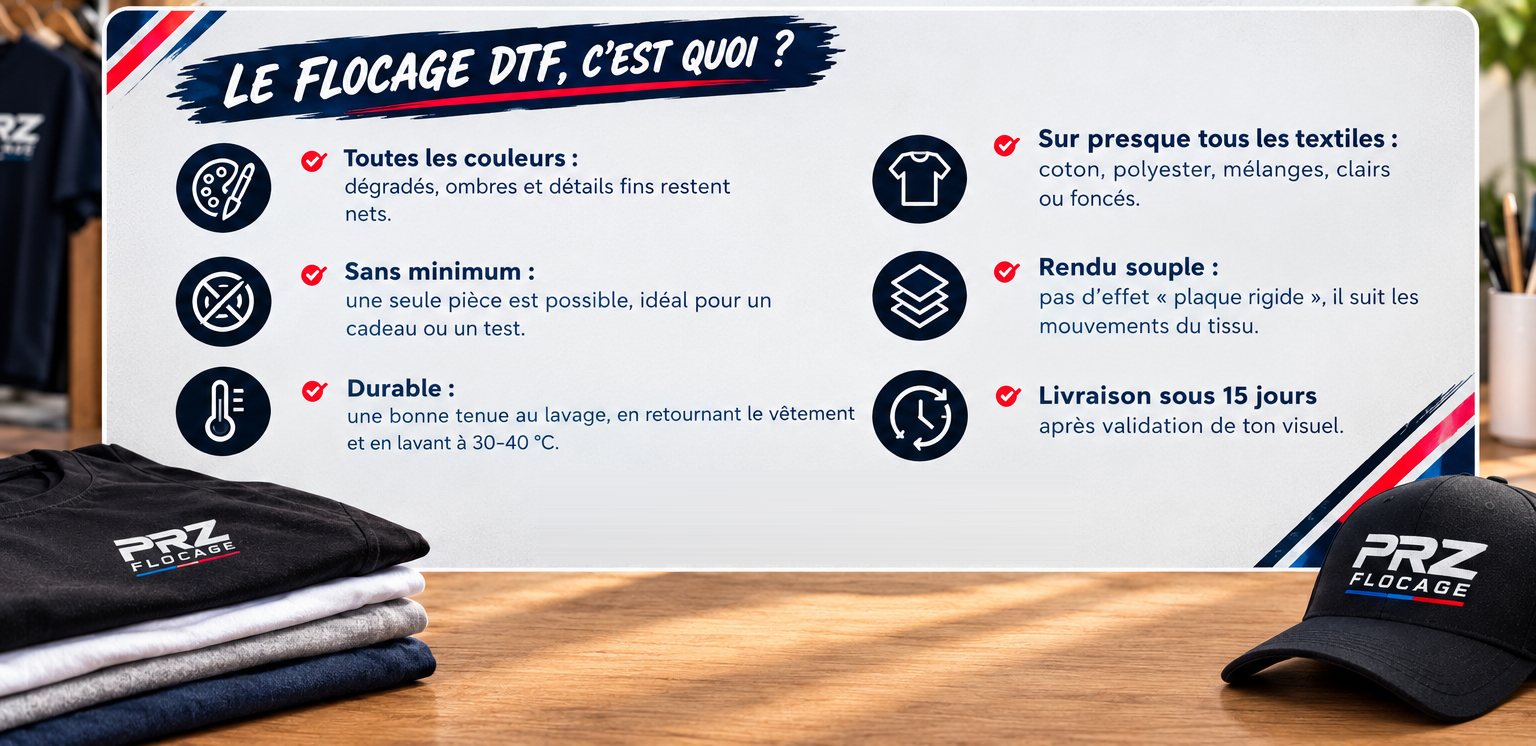 Le flocage DTF, c'est quoi ? Ton visuel est imprimé en haute définition sur un film, puis pressé à chaud sur le textile. Toutes les couleurs, sur presque tous les textiles, sans minimum, rendu souple, durable au lavage (retourner le vêtement, 30–40 °C), livraison sous 15 jours après validation du visuel.